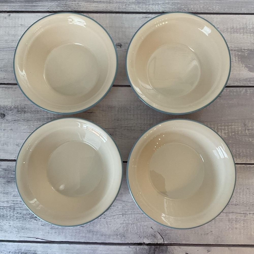 Corelle Corning Symphony Coupe Cereal Bowls 6.75" Set Of 4 Cream Blue Rim #2